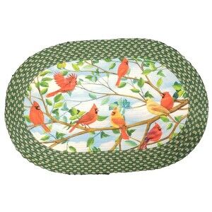 Oval Braided Kitchen Accent Rug(20"x30") LEAVES & CARDINAL BIRDS BRANCH,green,CE